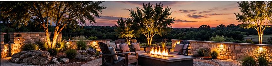 Professionally landscaped outdoor living setting at sunset