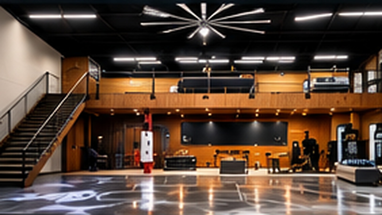 Luxury finished custom shop interior with mezzanine and premium floor