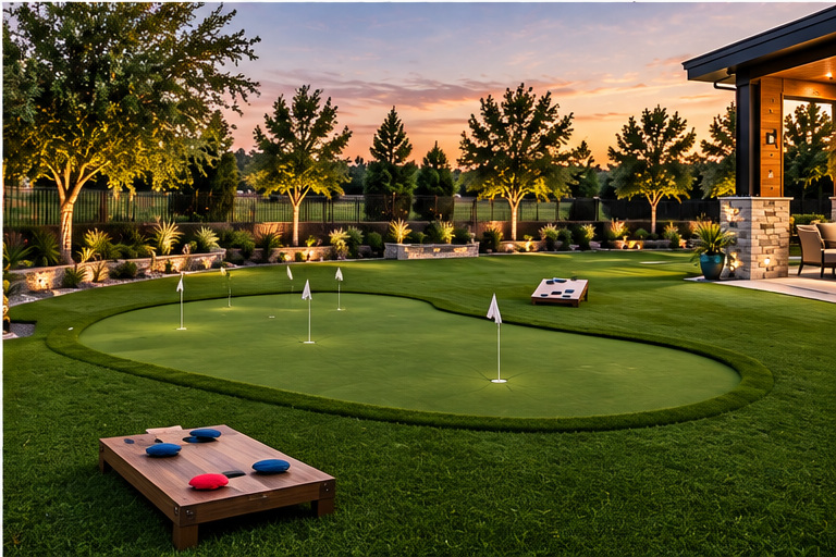 Turf backyard with putting green and cornhole